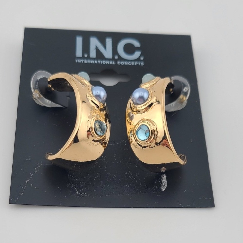 INC International Concepts Gold Tone Chunky Blue Cabochon Hoop Earrings NEW